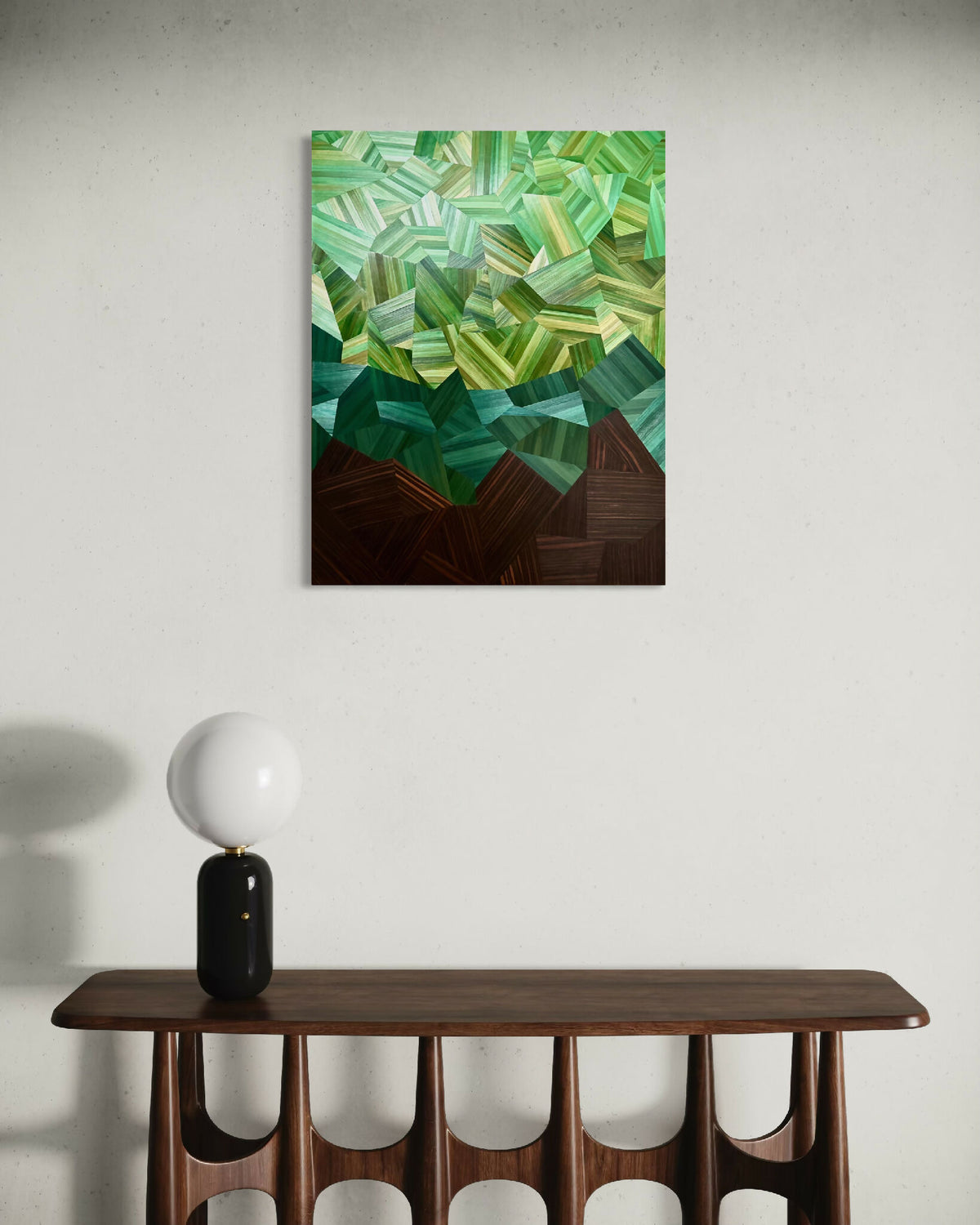 Tableau abstrait vert et brun foncé, motif géométrique enchevêtré, cadre noir.