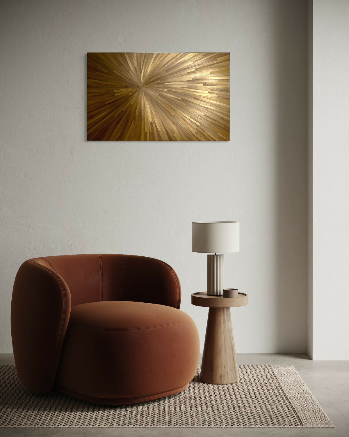 Tableau horizontal à rayons effet soleil bronze doré dans un cadre fin.