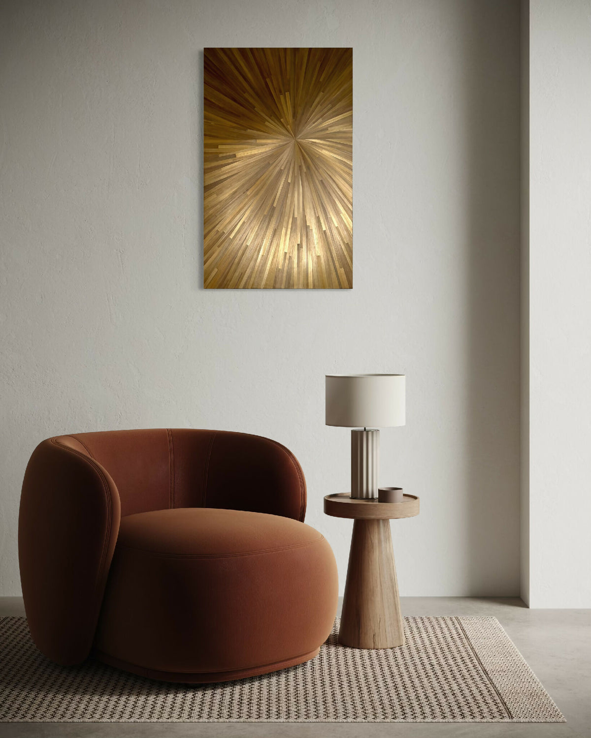 Tableau vertical à rayons effet soleil, dégradé bronze et doré, cadre fin.