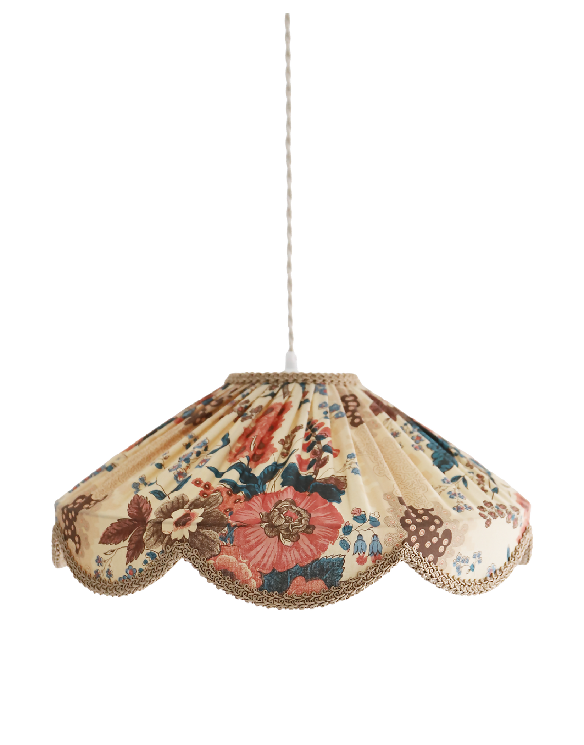 Abat-jour suspendu beige à motif floral multicolore, forme arrondie et bord festonné doré
