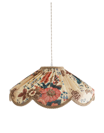 Abat-jour suspendu beige à motif floral multicolore, forme arrondie et bord festonné doré