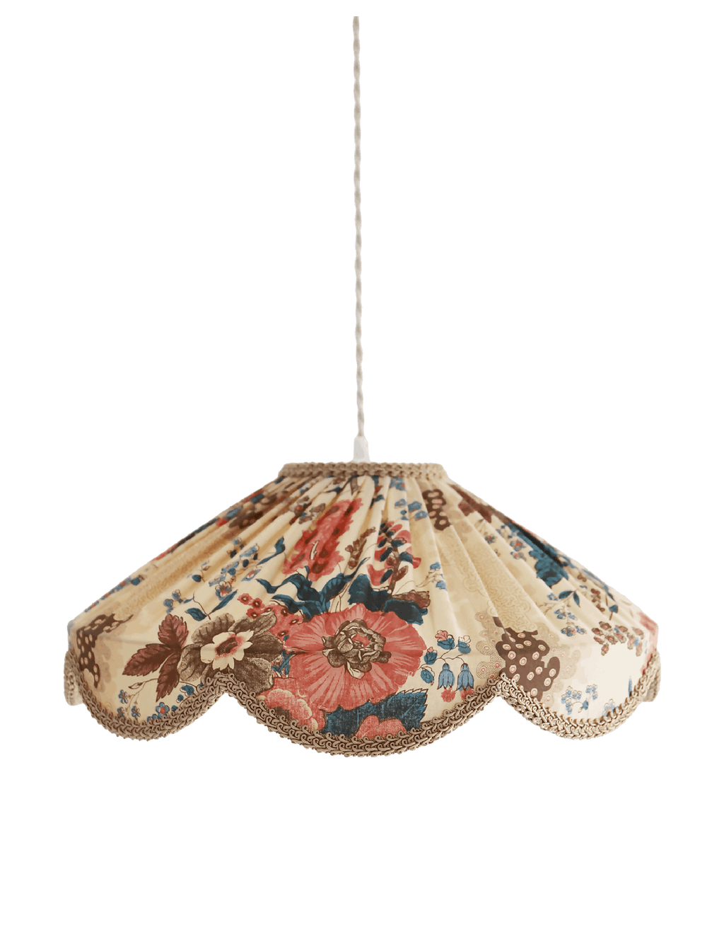 Abat-jour suspendu beige à motif floral multicolore, forme arrondie et bord festonné doré