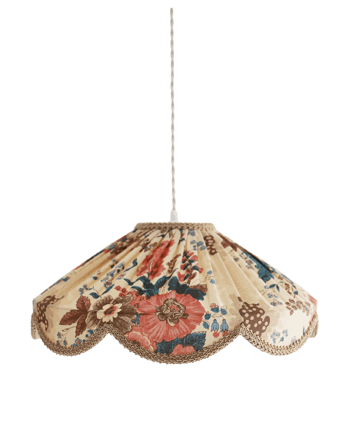 Abat-jour suspendu beige à motif floral multicolore, forme arrondie et bord festonné doré