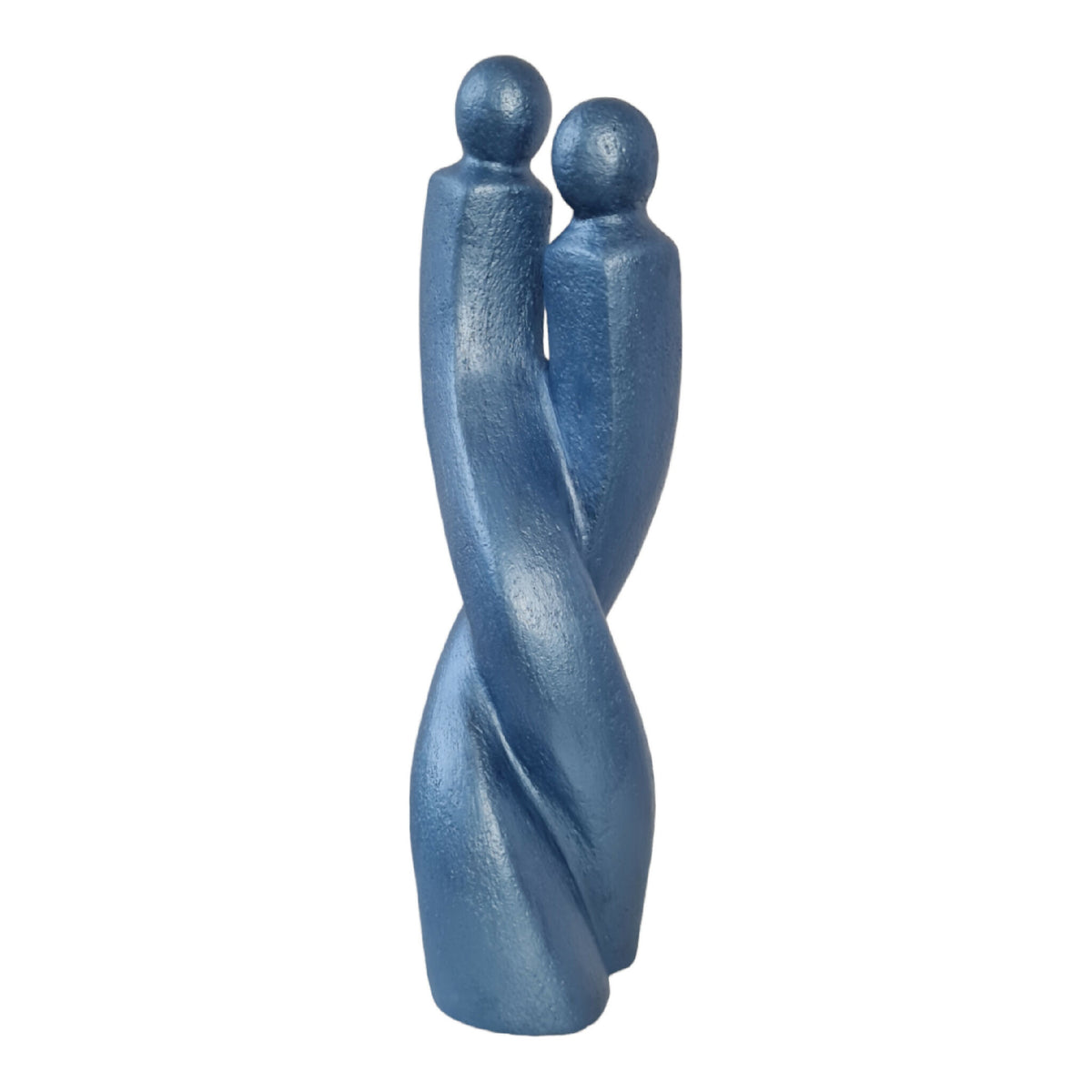 Sculpture de couple en bleu, vue de face, deux personnages se tenant l’un contre l’autre