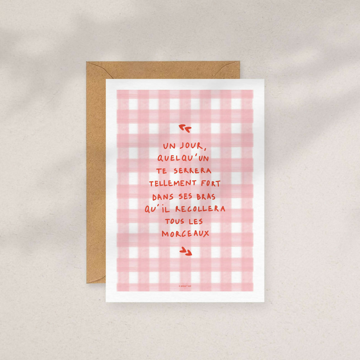 Carte de vœux à message vichy rose, texte rouge au centre, flèches stylisées
