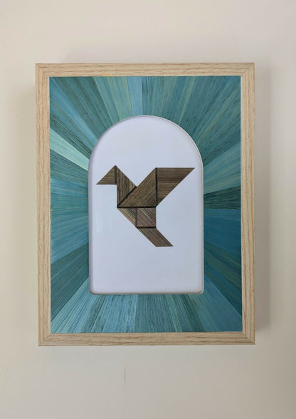 Tableau "L'oiseau en Cage", série Tangram, avec Marqueterie de Paille Marron et Turquoise