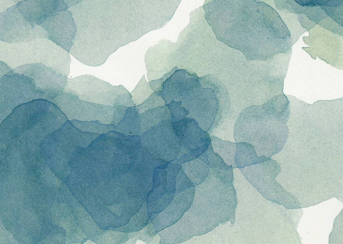 Gros plan aquarelle botanique, dégradés bleus et verts, textures papier sur fond clair