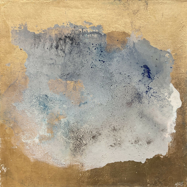 Peinture abstraite « ÉTAIN » sur fond texturé bleu-gris et touches dorées