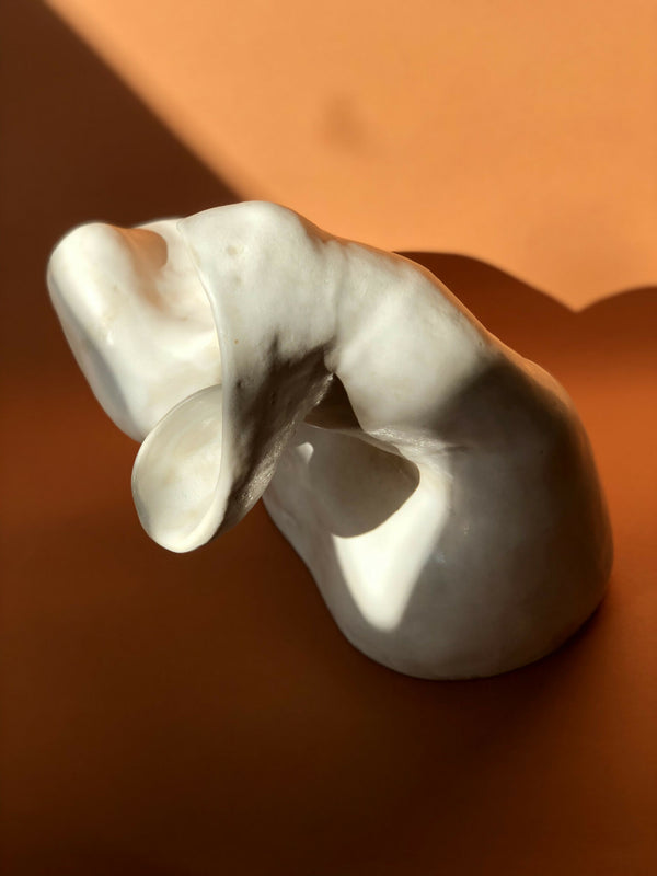 Vase sculptural en nacre blanche, forme courbée avec ouverture ovale