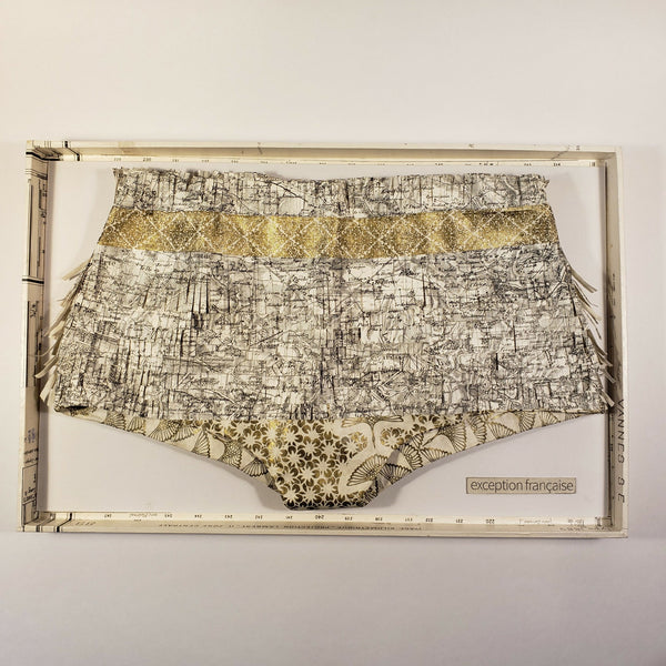 Culotte imprimée gris et doré, taille haute, bords festonnés