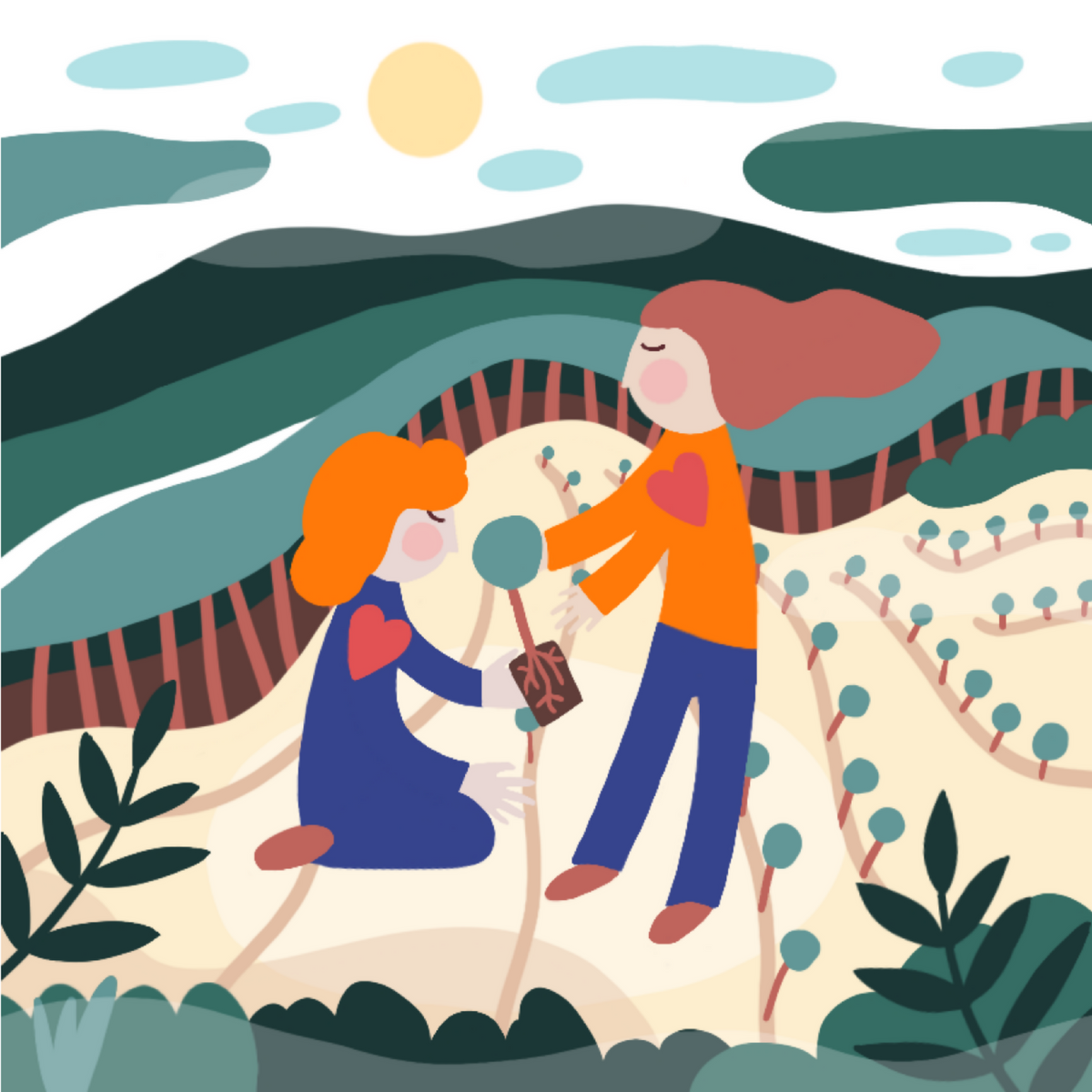 Personnages partageant un moment près d’un paysage verdoyant et d’un sentier