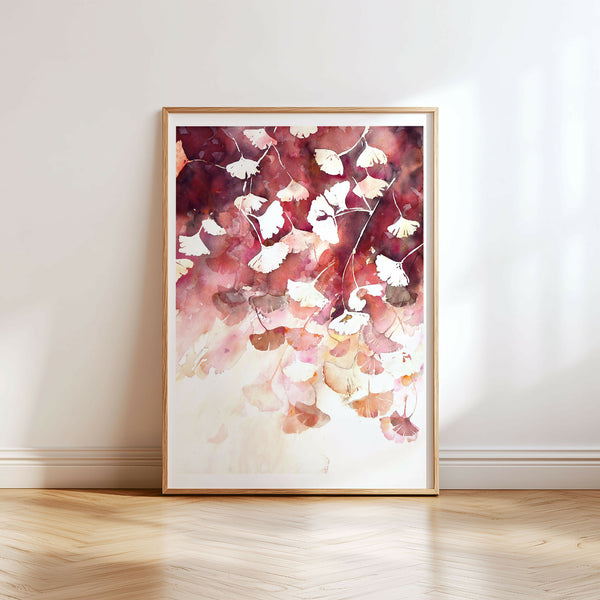 Aquarelle originale de ginkgo d’automne en couleurs rouge et blanc, encadrée.