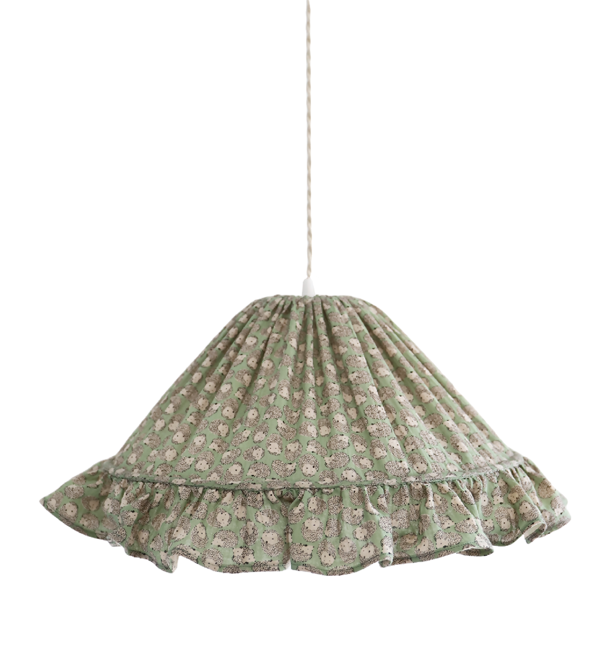 Suspension conique en tissu vert clair à motifs de petits hérissons et volant