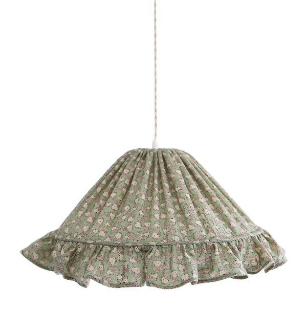 Suspension conique en tissu vert clair à motifs de petits hérissons et volant