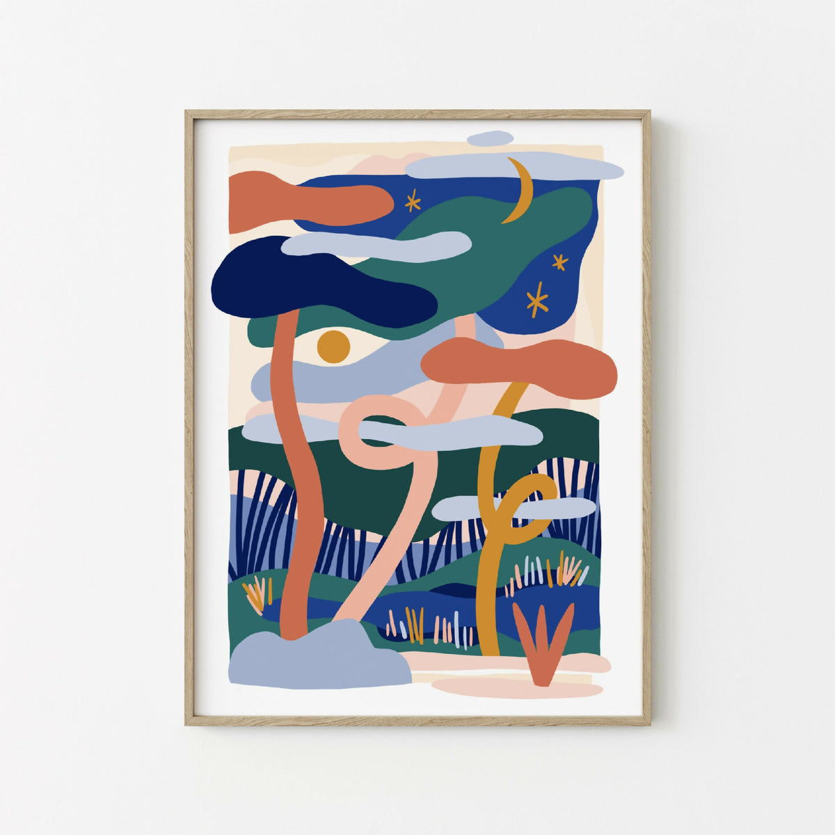 Affiche encadrée abstraite, formes organiques bleu, orange et vert, croissant de lune.