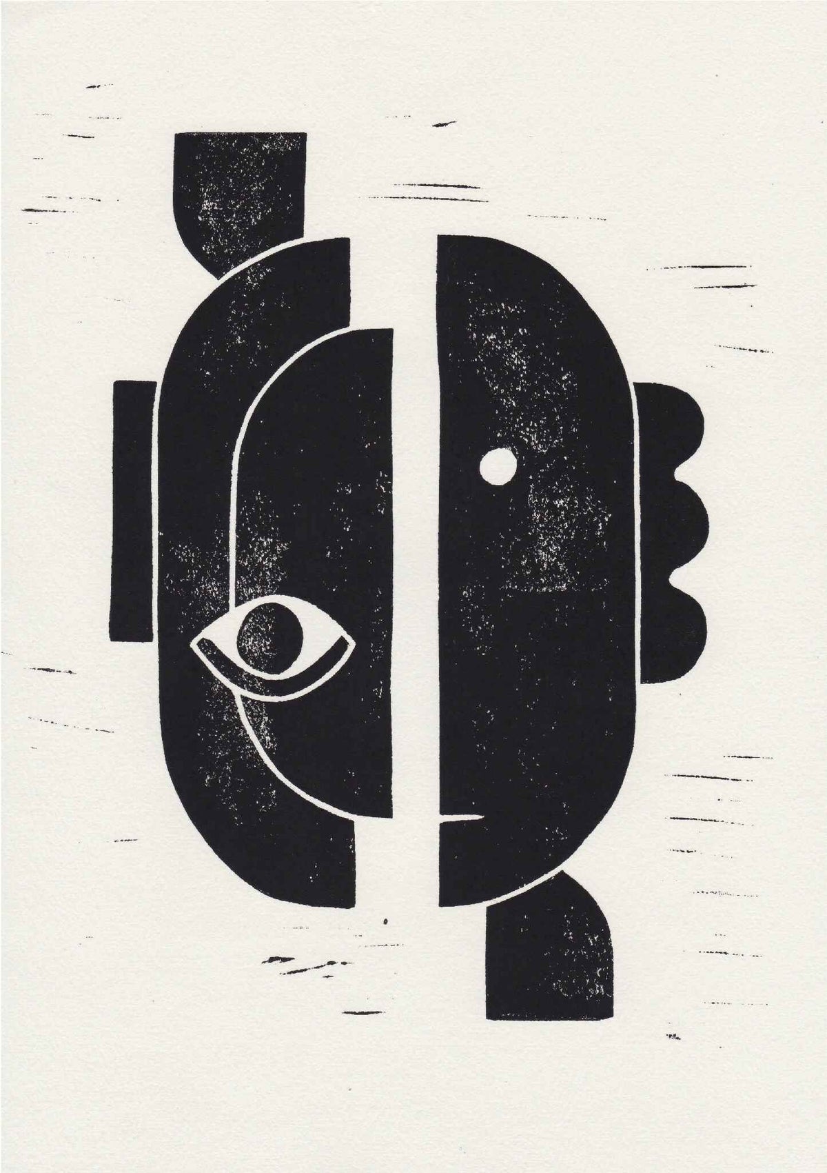 Linogravure sans cadre, motifs abstraits noirs et œil stylisé sur fond clair