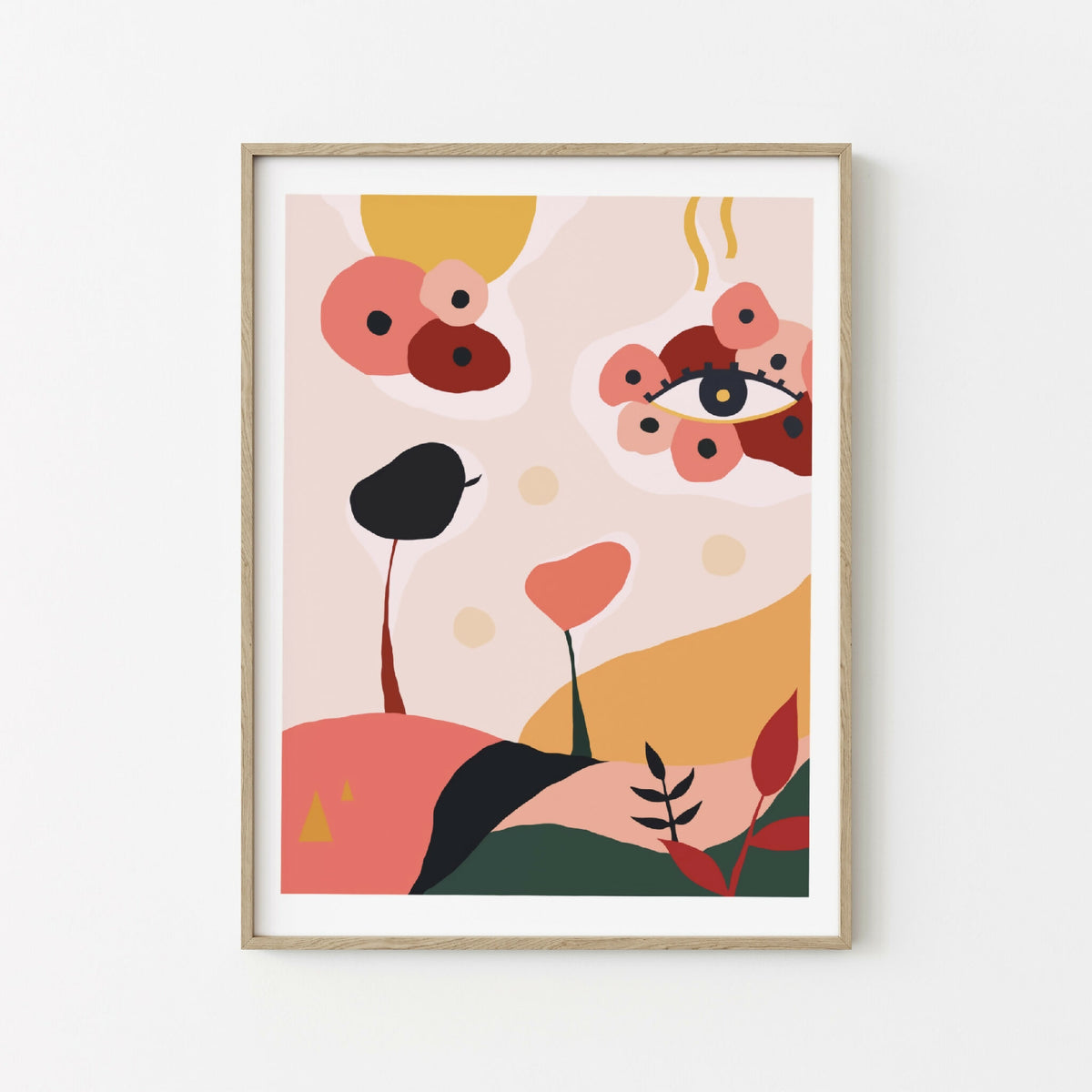Illustration artistique BAUDOUIN encadrée, motif abstrait rose et noir, formes animales