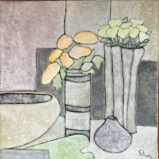 Tableau - Nature morte au bouquet - jaune 2004 - Brigitte Legendre