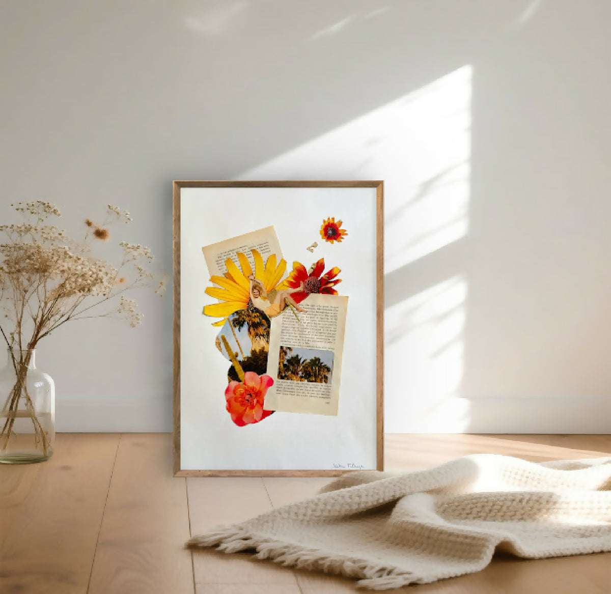 Tableau encadré bois rectangulaire : fleurs jaunes et rouges en collage sur fond clair