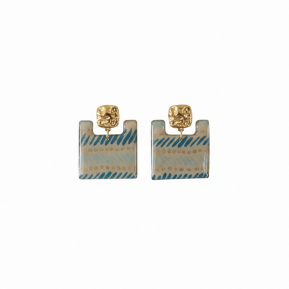 Bleu Azur & Or — boucles carrées évidées · rayures & pointillés dorés · clous martelés · fait main France 🇫🇷