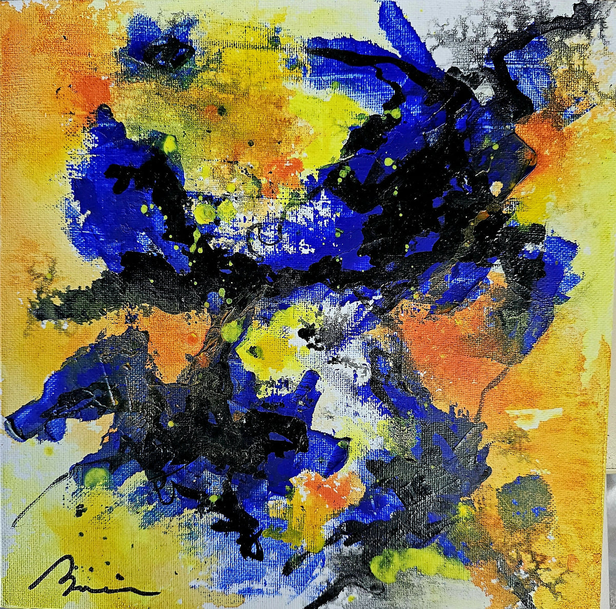Peinture abstraite Interstellaire avec taches bleues et noires sur fond jaune-orange