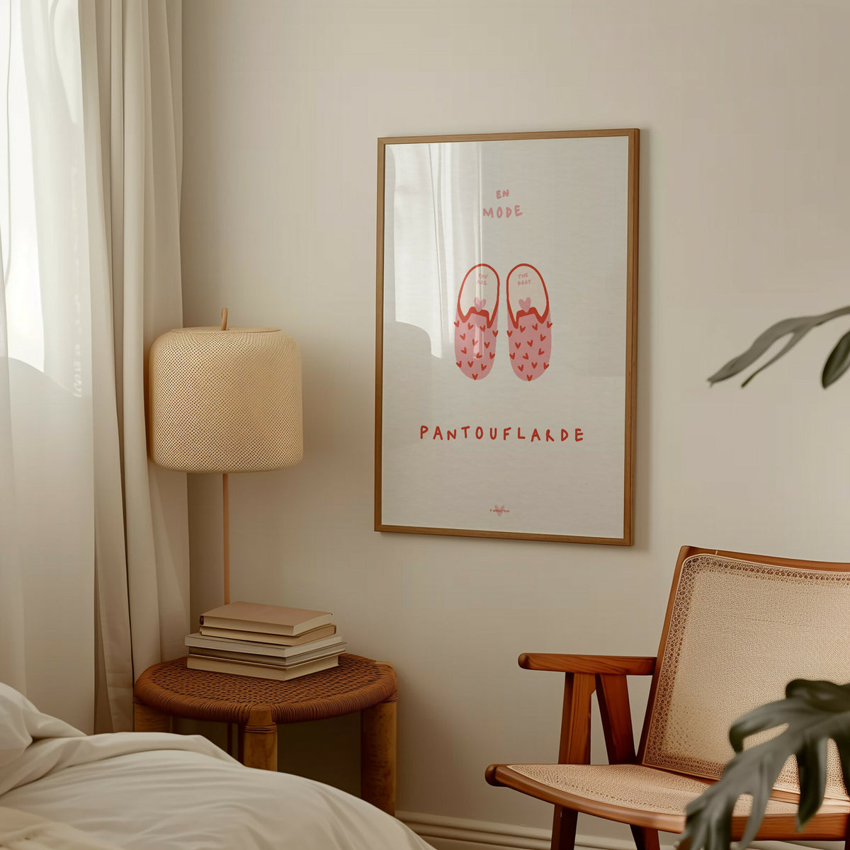 Affiche encadrée « Pantouflarde » avec chaussons rouges et « En mode »