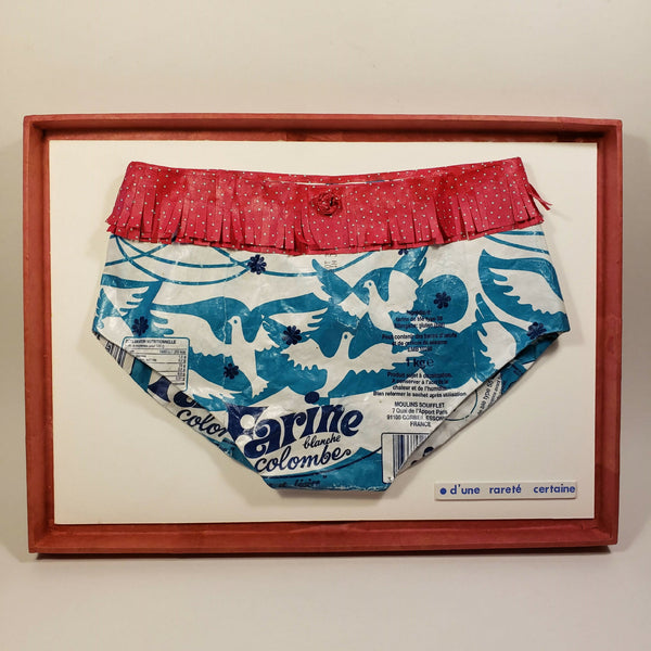 Culotte encadrée rouge à volants et imprimé bleu motifs oiseaux, vue de face.