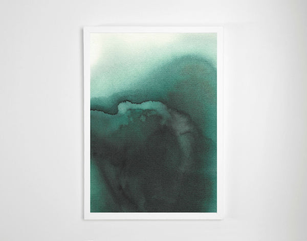 Aquarelle abstraite encadrée, dégradés vert et bleu avec formes nuageuses