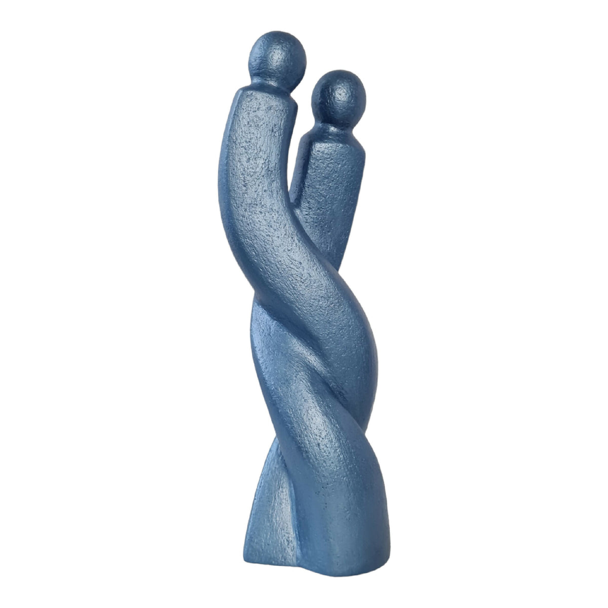 Sculpture de couple en résine bleue, deux silhouettes enlacées, pose debout