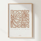 Carte illustrée encadrée, motif abstrait terracotta sur fond clair, texte FLOWER VIBES