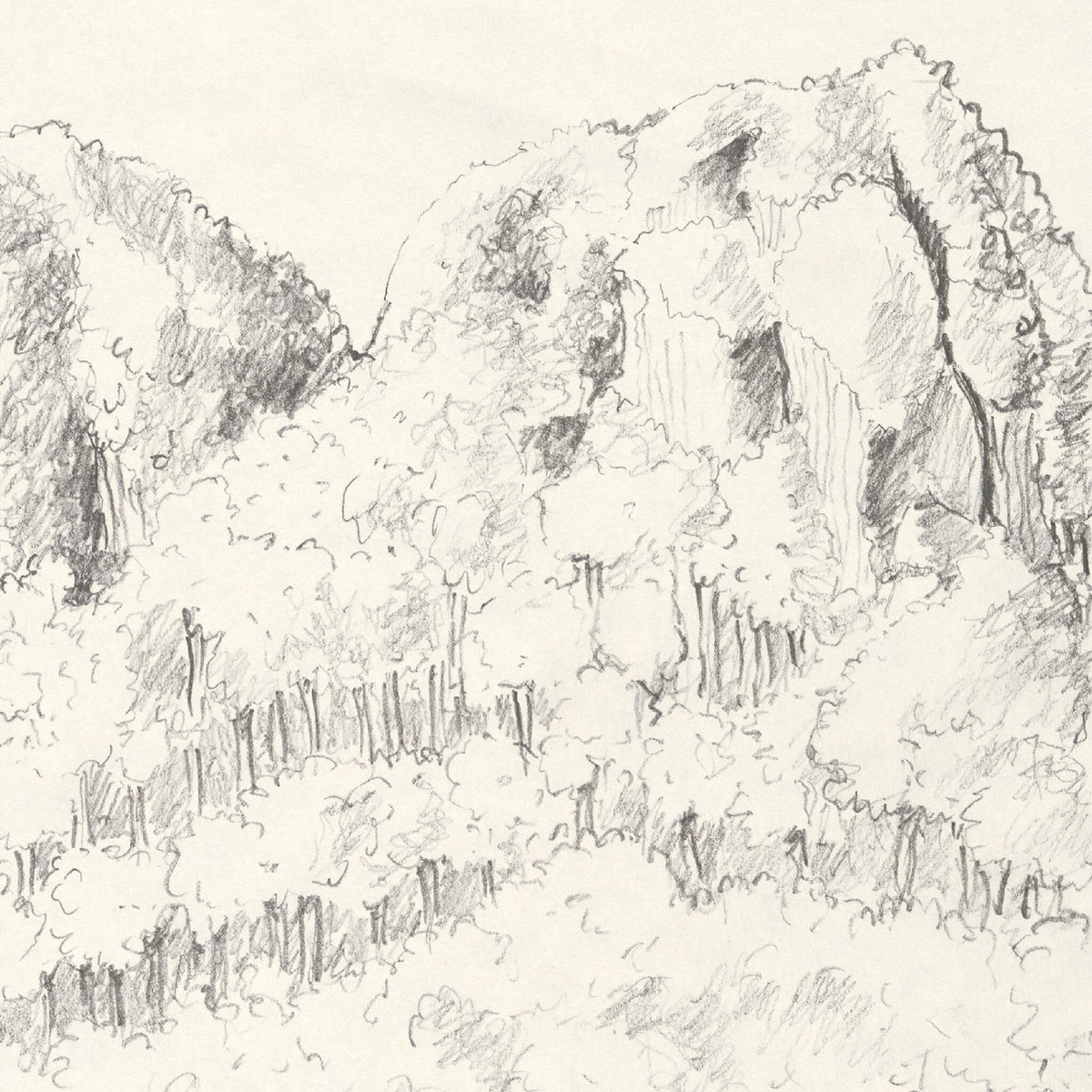 Tirage d’art numéroté : croquis au crayon de montagnes et palmiers