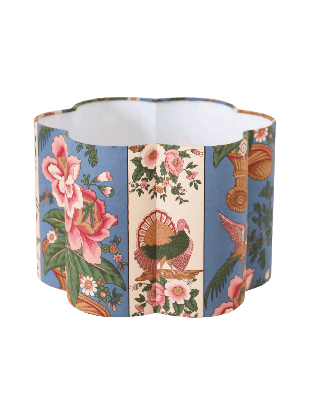 Abat-jour cylindrique à motif floral et oiseaux sur fond bleu, bord échancré