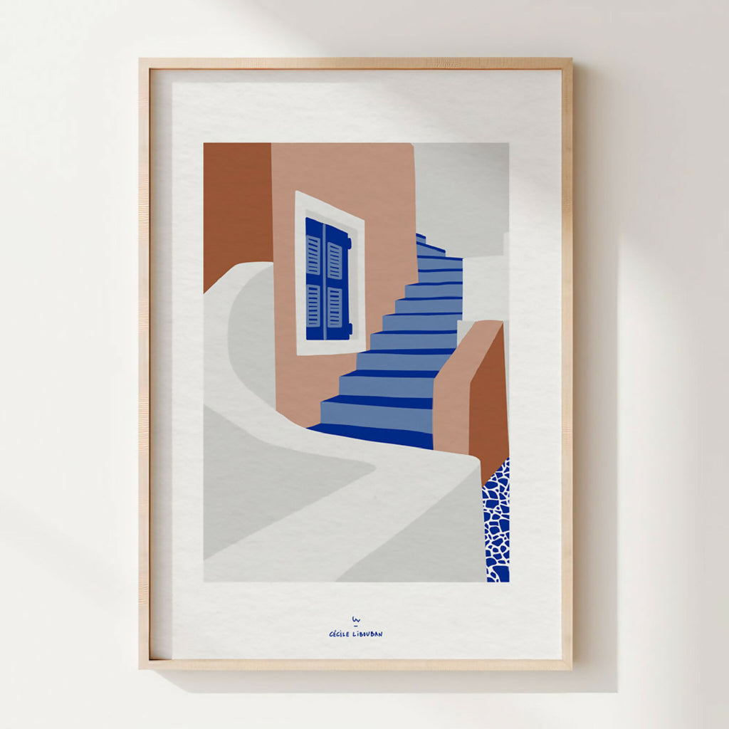 Affiche A4 encadrée en bois, illustration abstraite avec escaliers bleus et formes beige.