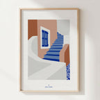 Affiche A4 encadrée en bois, illustration abstraite avec escaliers bleus et formes beige.