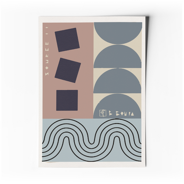 Affiche d’art abstrait : carrés, demi-cercles et lignes ondulées bleu et brun, cadre clair