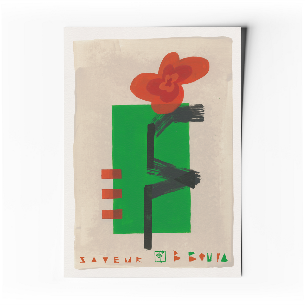 Affiche abstraite minimaliste avec fleur rouge, formes vertes et tige noire