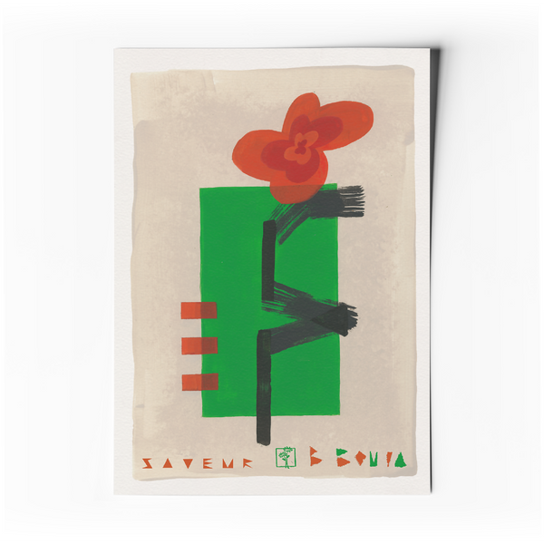 Affiche abstraite minimaliste avec fleur rouge, formes vertes et tige noire