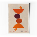 Affiche d’art abstrait géométrique sur fond beige, formes orange et maron, petits symboles