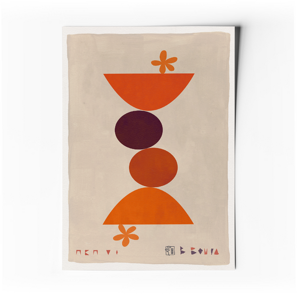 Affiche d’art abstrait géométrique sur fond beige, formes orange et maron, petits symboles