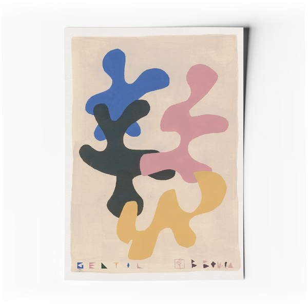 Affiche d’art abstrait géométrique sur fond beige, formes colorées bleu, rose, vert et jaune.