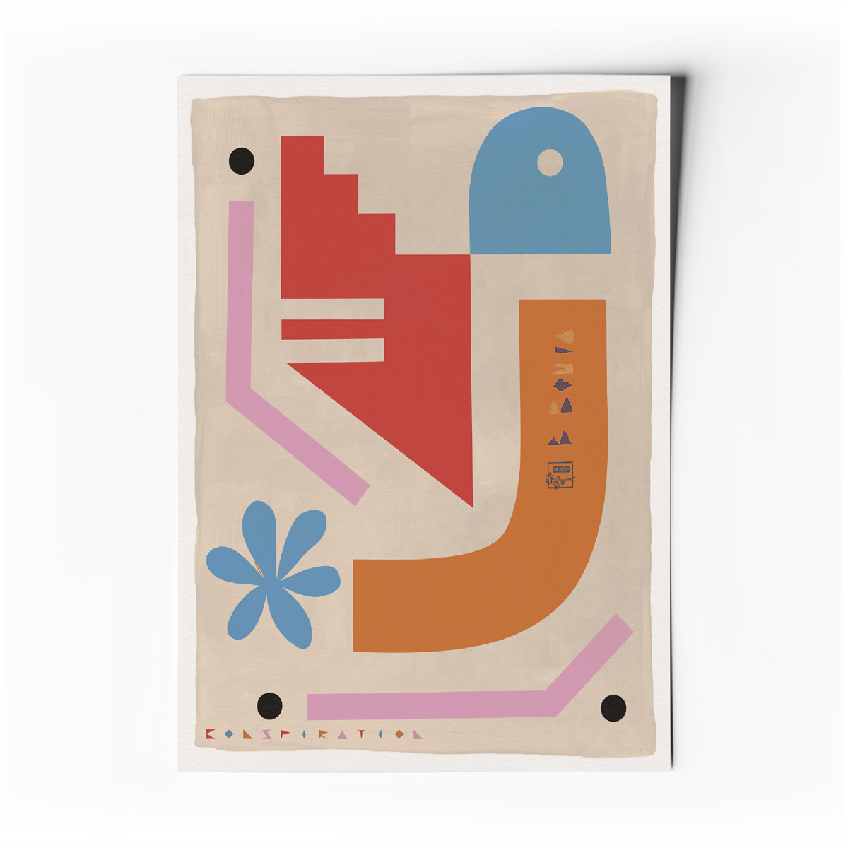 Affiche d’art abstrait géométrique: formes rouges, bleues et orange sur fond beige