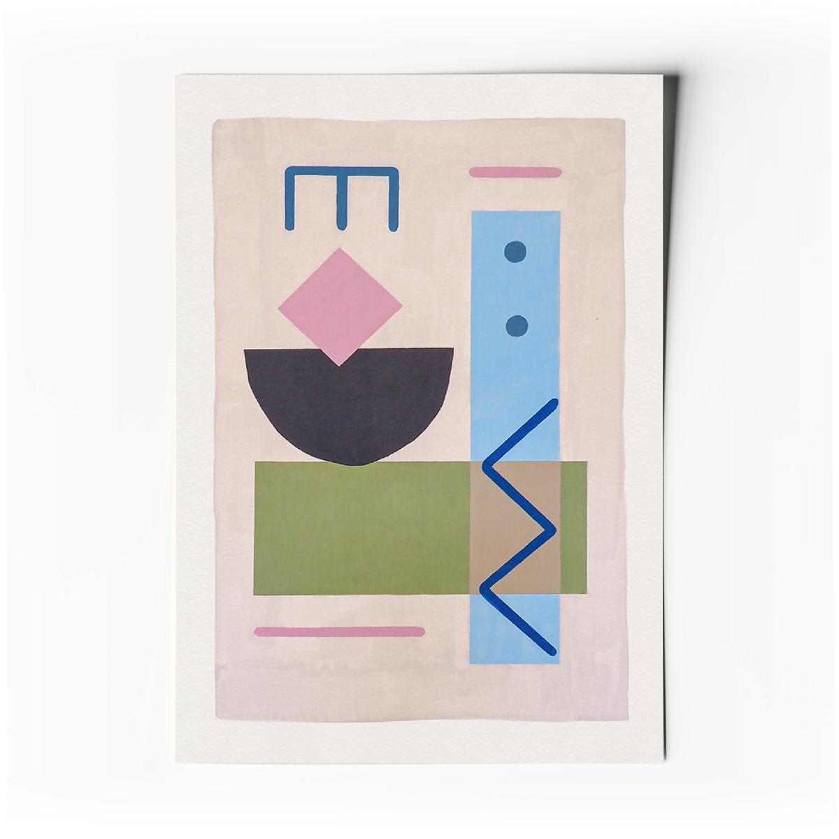 Affiche d’art abstrait minimaliste avec formes géométriques pastel rose, bleu et vert.