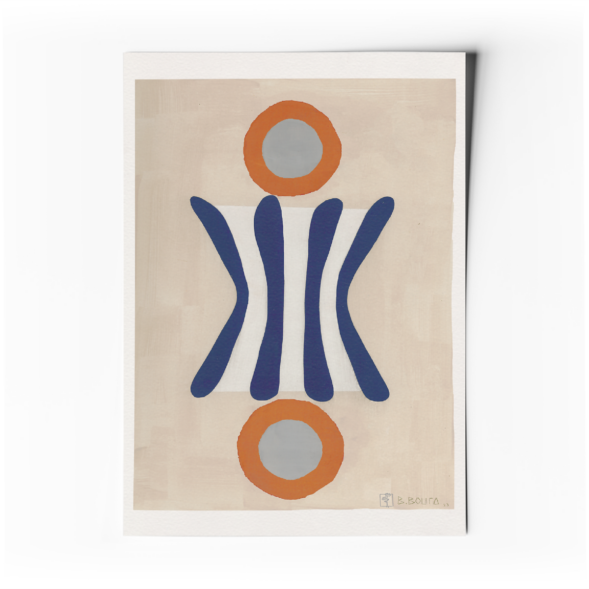 Affiche d’art abstrait minimaliste : formes géométriques orange et bleu sur fond clair