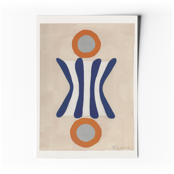 Affiche d’art abstrait minimaliste : formes géométriques orange et bleu sur fond clair