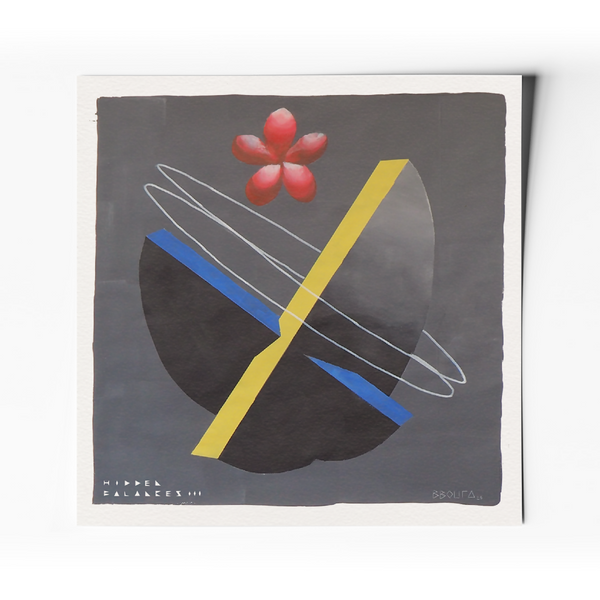 Affiche d’art abstraite minimaliste : fond sombre, fleur rouge, diagonale jaune, formes bleues