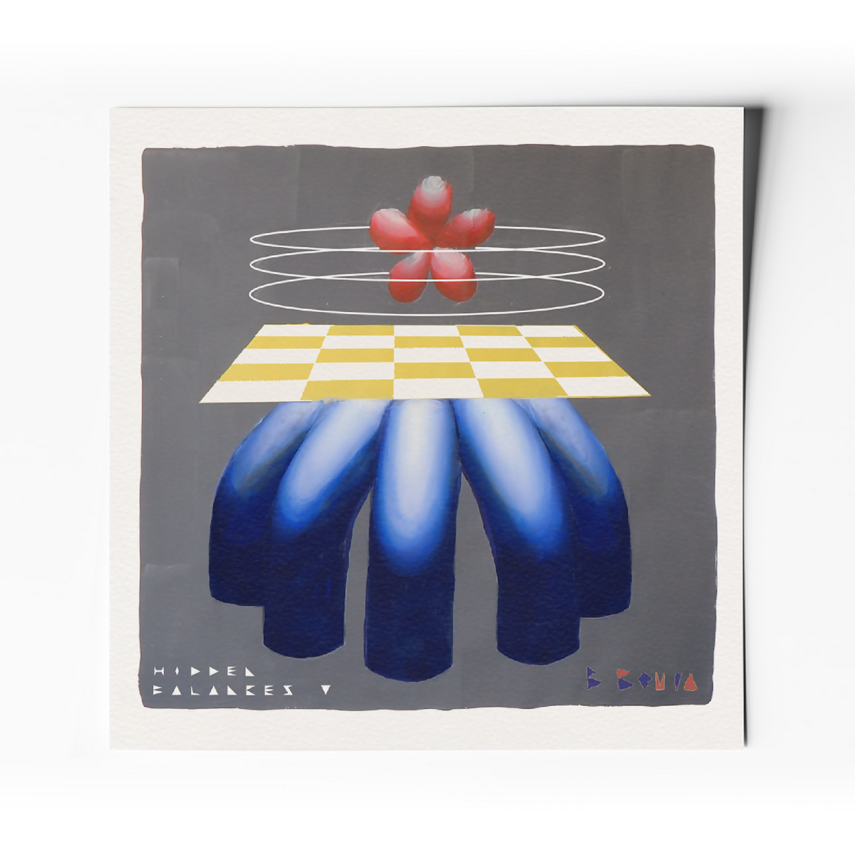 Affiche d’art abstrait minimaliste : formes géométriques, fond sombre, rayures jaunes et motif bleu