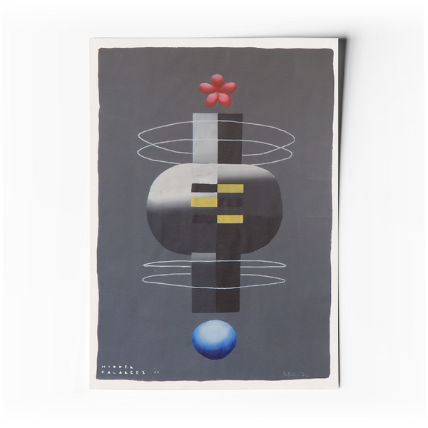 Affiche d’art abstrait minimaliste : formes géométriques sur fond sombre, rose, bleu et jaune