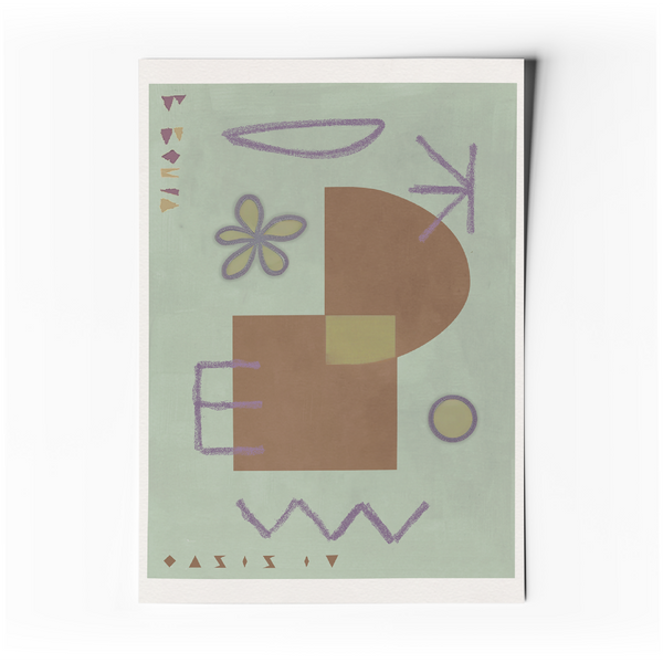 Affiche d’art abstrait minimaliste, formes géométriques en violet et brun sur fond vert
