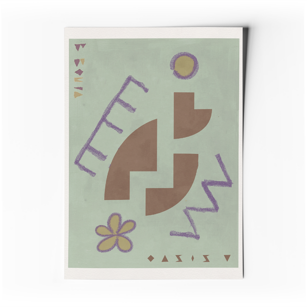Affiche d’art abstrait : formes géométriques et lignes violettes sur fond vert
