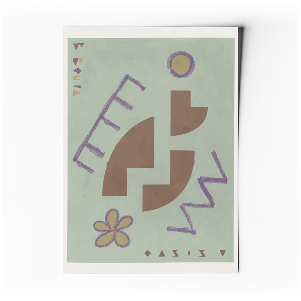 Affiche d’art abstrait : formes géométriques et lignes violettes sur fond vert